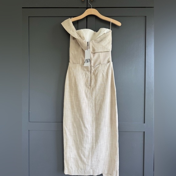 NWT • Zara Asymmetrical Slip MIDI Taupe Dress • XS - Picture 11 of 15